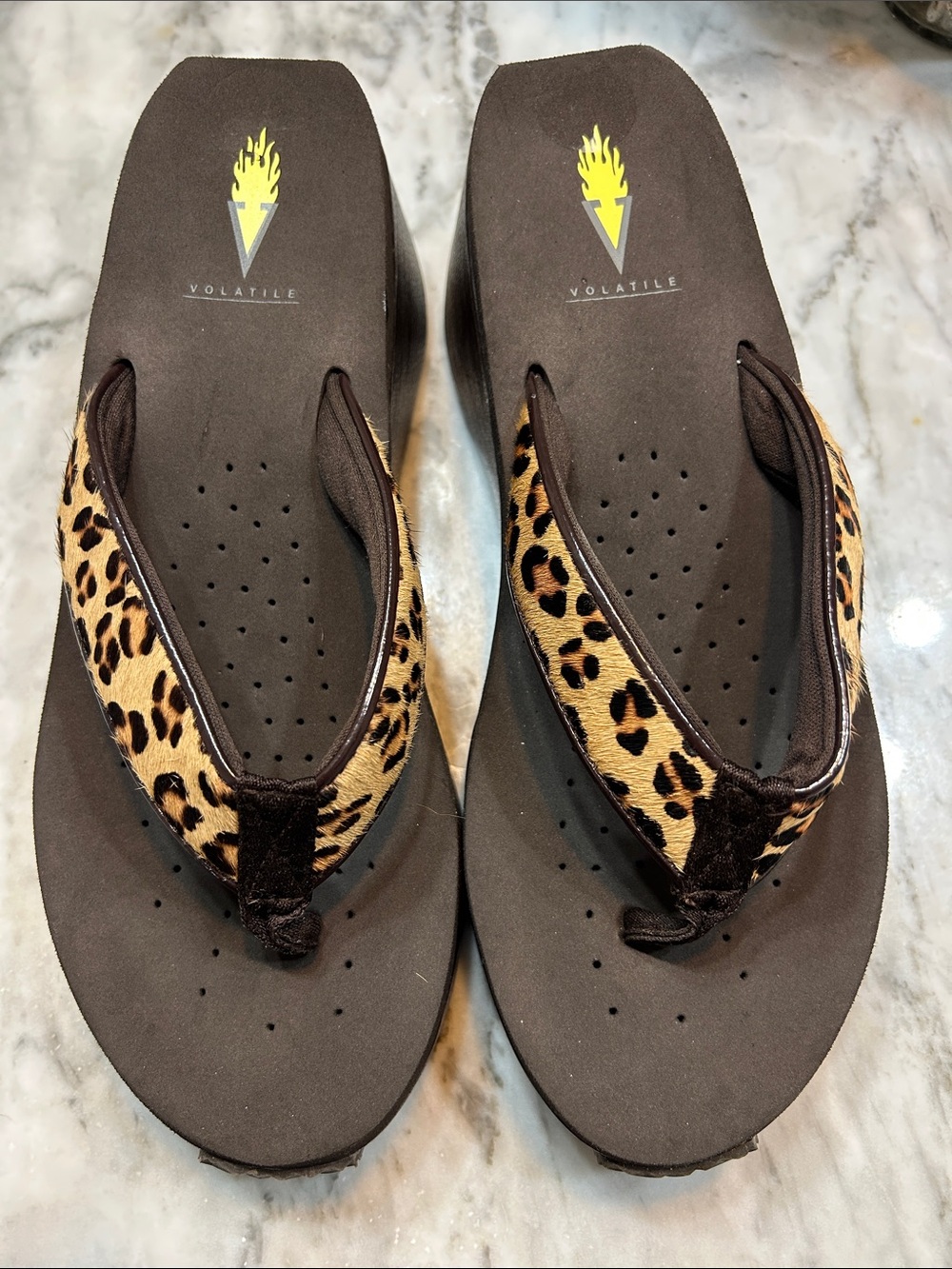 Volatile Leopard-Print Wedge Thong Sandals in Brown